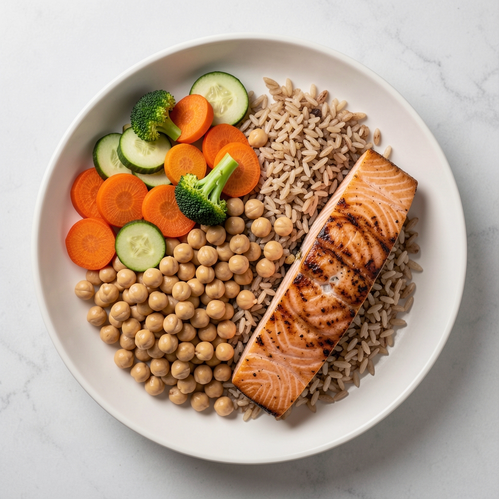 Balanced plate of vegetables chickpeas brown rice and grilled salmon photographed from above