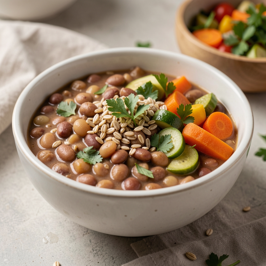 Bowl of beans whole grains vegetables and herbs prepared for a nourishing meal