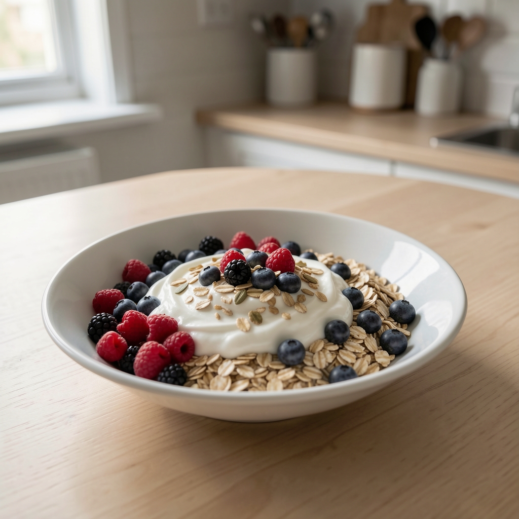 Balanced breakfast of oats berries yoghurt and seeds on a light kitchen table