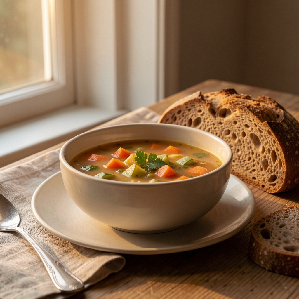 Quiet evening meal setting with vegetable soup, wholegrain bread and a linen napkin beside warm window light