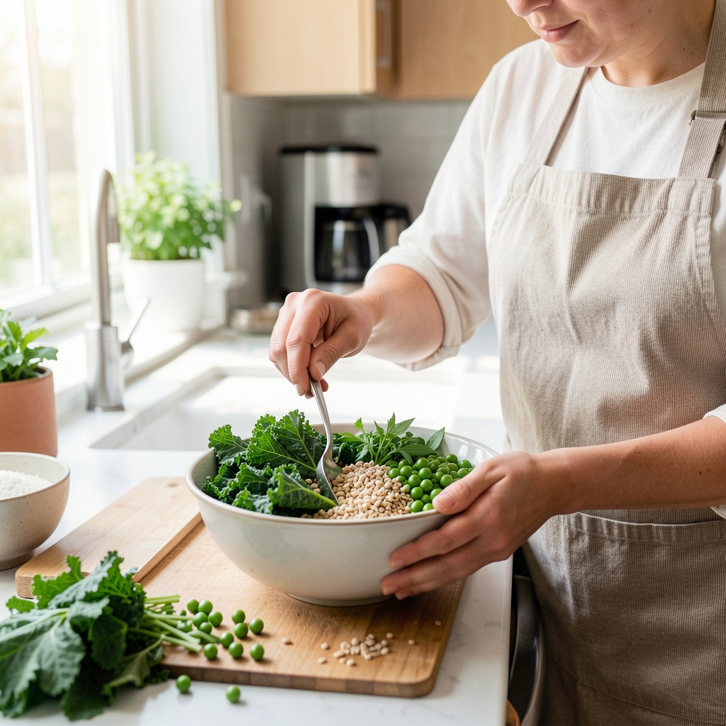 Person preparing a bowl of kale, peas, herbs and whole grains in a bright home kitchen