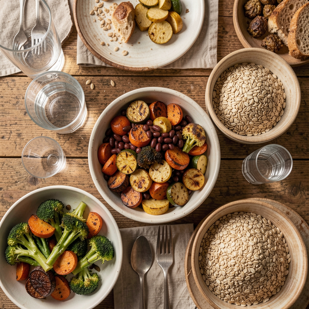 Overhead view of a seasonal supper table with roasted vegetables, beans, whole grains and a glass of water