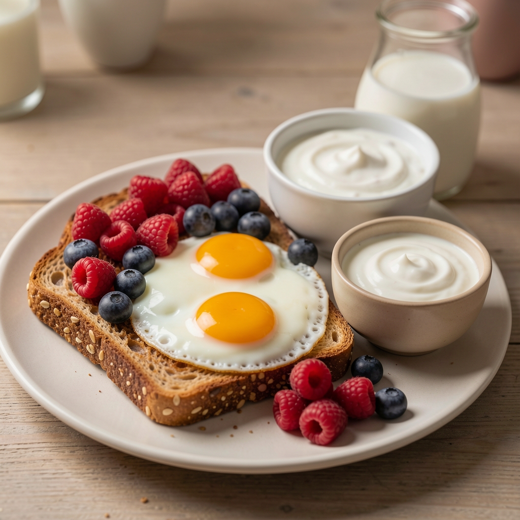 Wholegrain toast eggs berries and unsweetened yoghurt arranged as a balanced breakfast