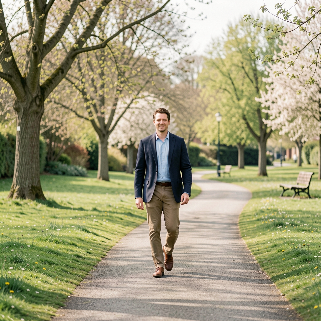 Person walking along a green Chelmsford park path under soft spring daylight