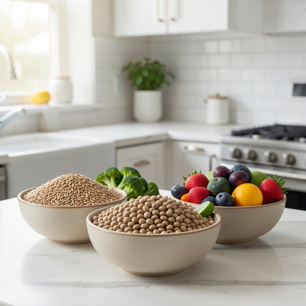 Whole grains pulses vegetables and fruit arranged in ceramic bowls in a bright kitchen